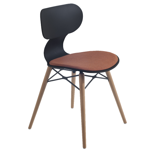 Stuhl mit weichem Kissen Yugo-S Wox Soft schwarzer Stoff roter Backstein, Beine Buche natur lackiert